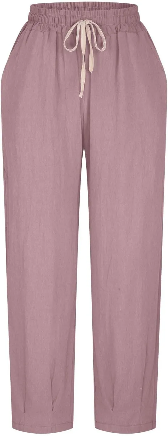 HGps8w Plus Size Linen Pants for Women Casual Loose Wide Leg High Waisted Pants Comfy Solid Trousers with Pockets