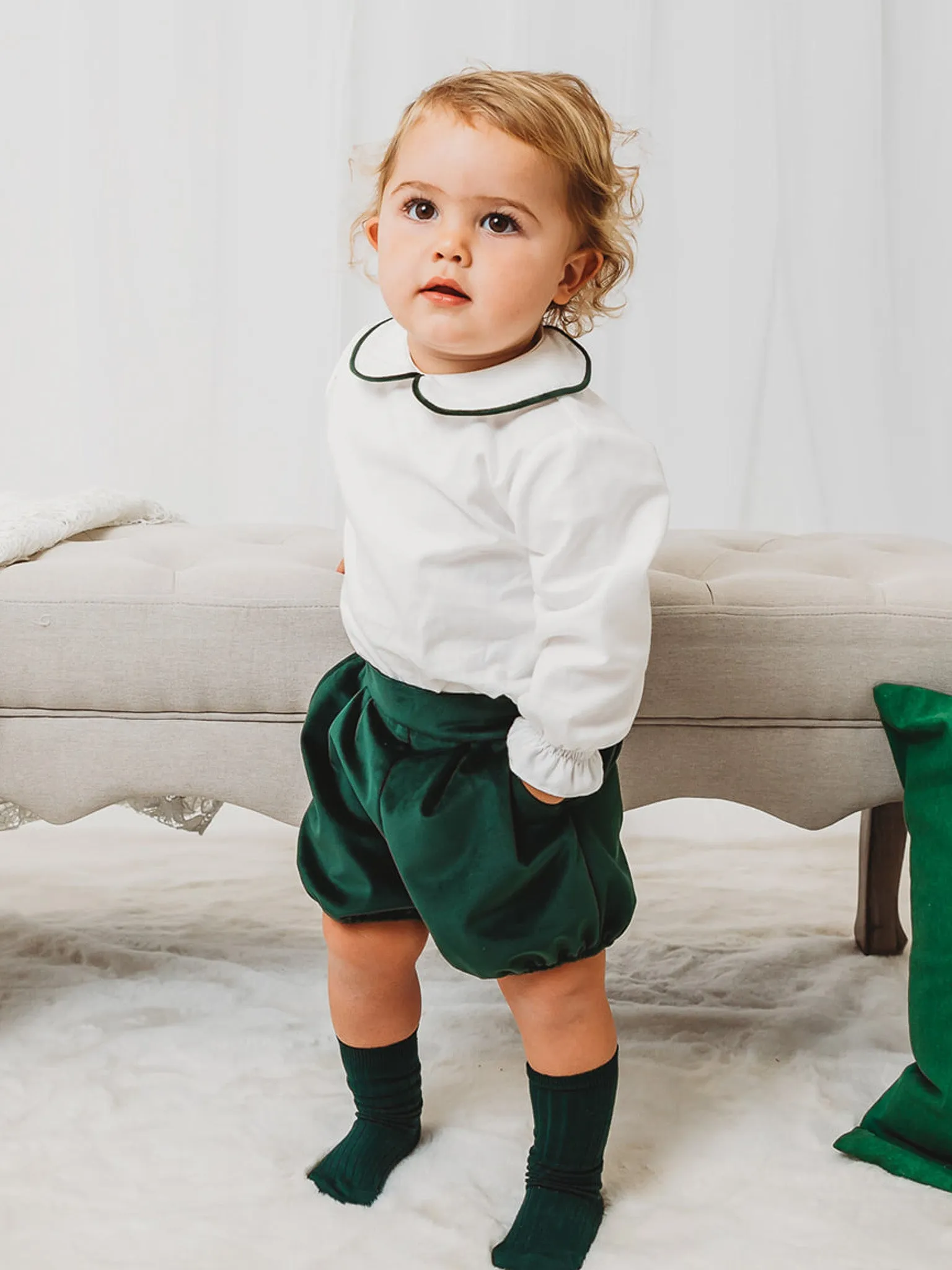 'Holly' bottle green velvet jam pant & shirt set (shorts 3 )