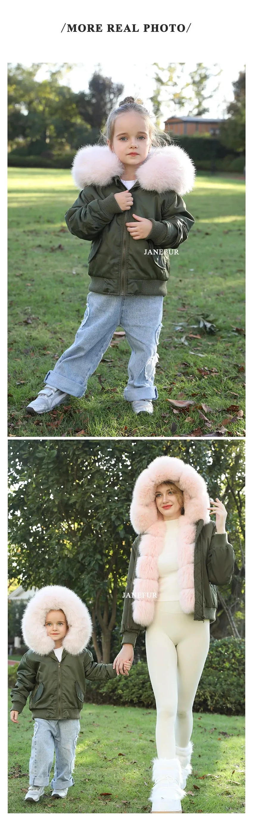 JANEFUR Fur Lined Parka Parent-Child Set Real Fox Fur Collar Bomber Jacket Women Girls Thick Warm Winter Coat