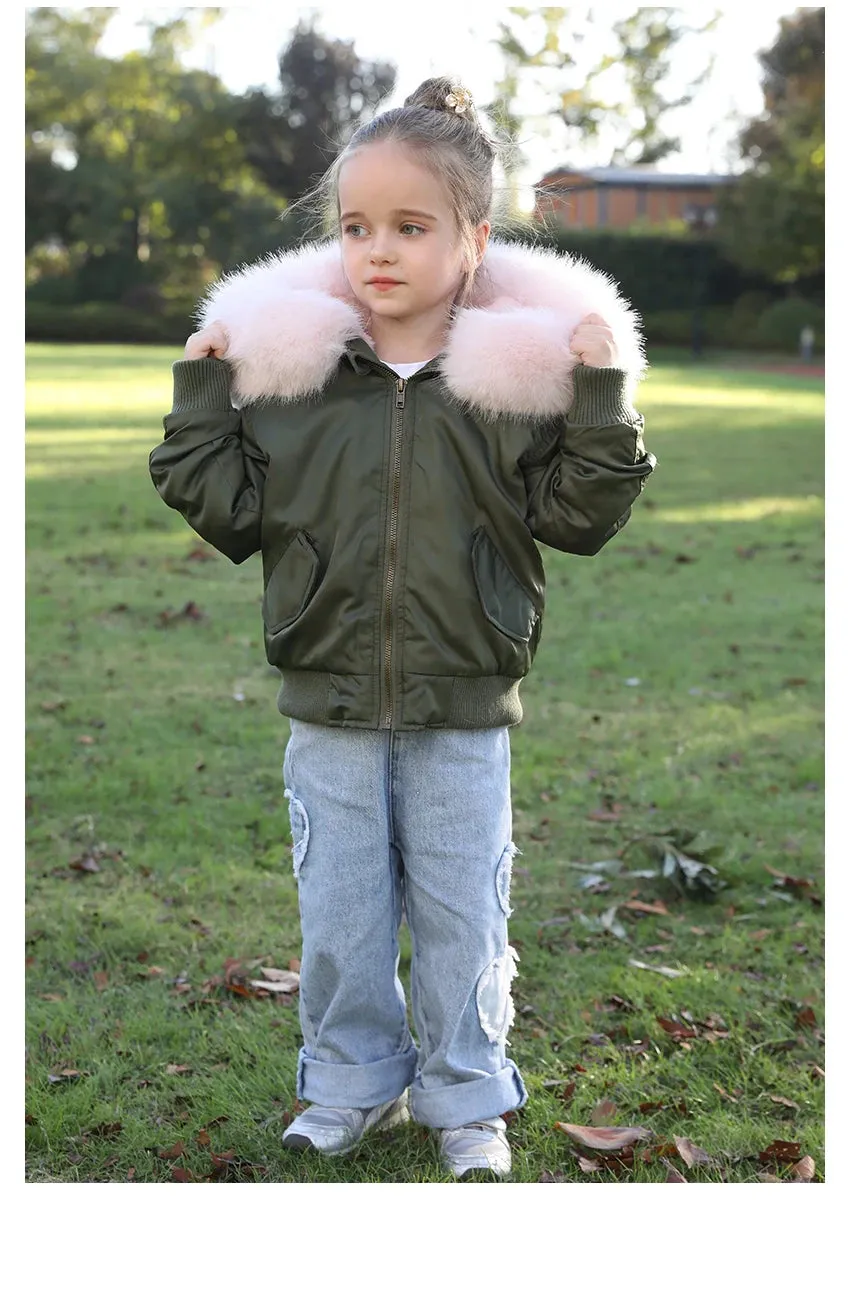 JANEFUR Fur Lined Parka Parent-Child Set Real Fox Fur Collar Bomber Jacket Women Girls Thick Warm Winter Coat