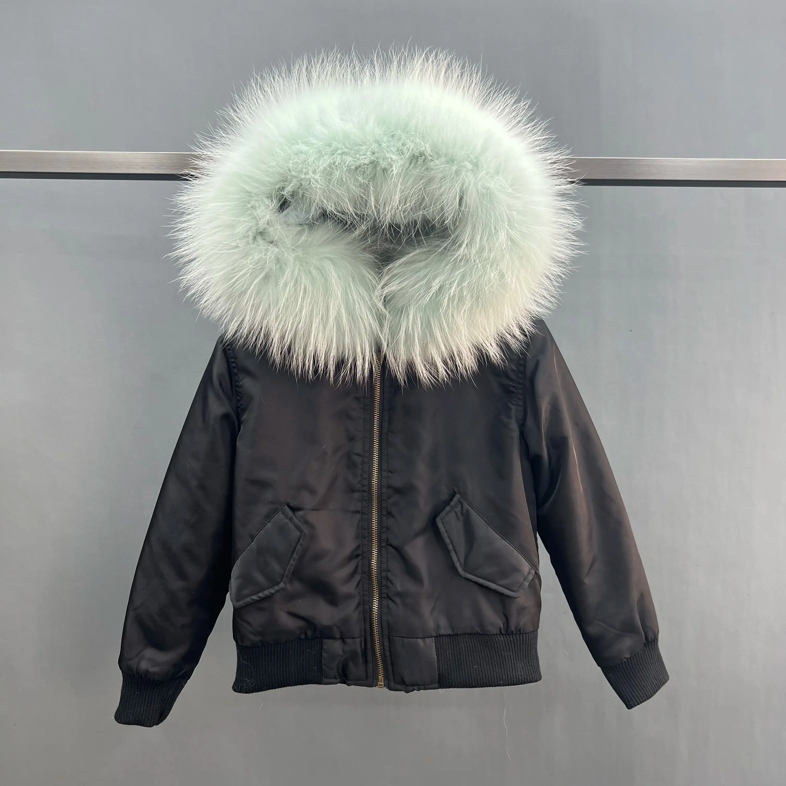 JANEFUR Fur Lined Parka Parent-Child Set Real Fox Fur Collar Bomber Jacket Women Girls Thick Warm Winter Coat