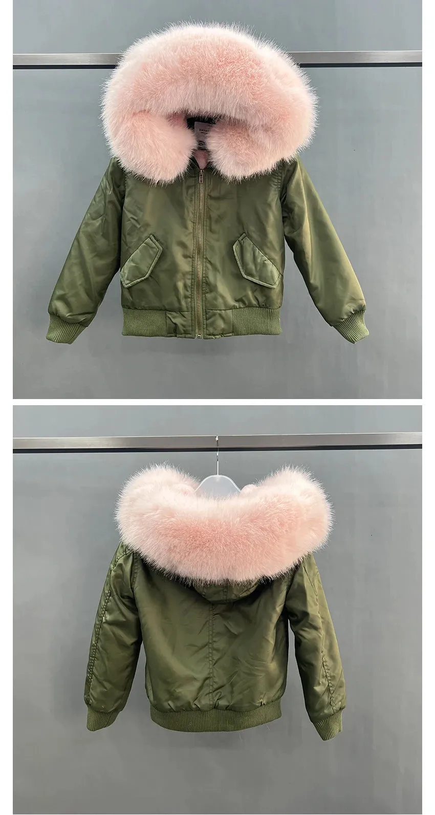 JANEFUR Fur Lined Parka Parent-Child Set Real Fox Fur Collar Bomber Jacket Women Girls Thick Warm Winter Coat