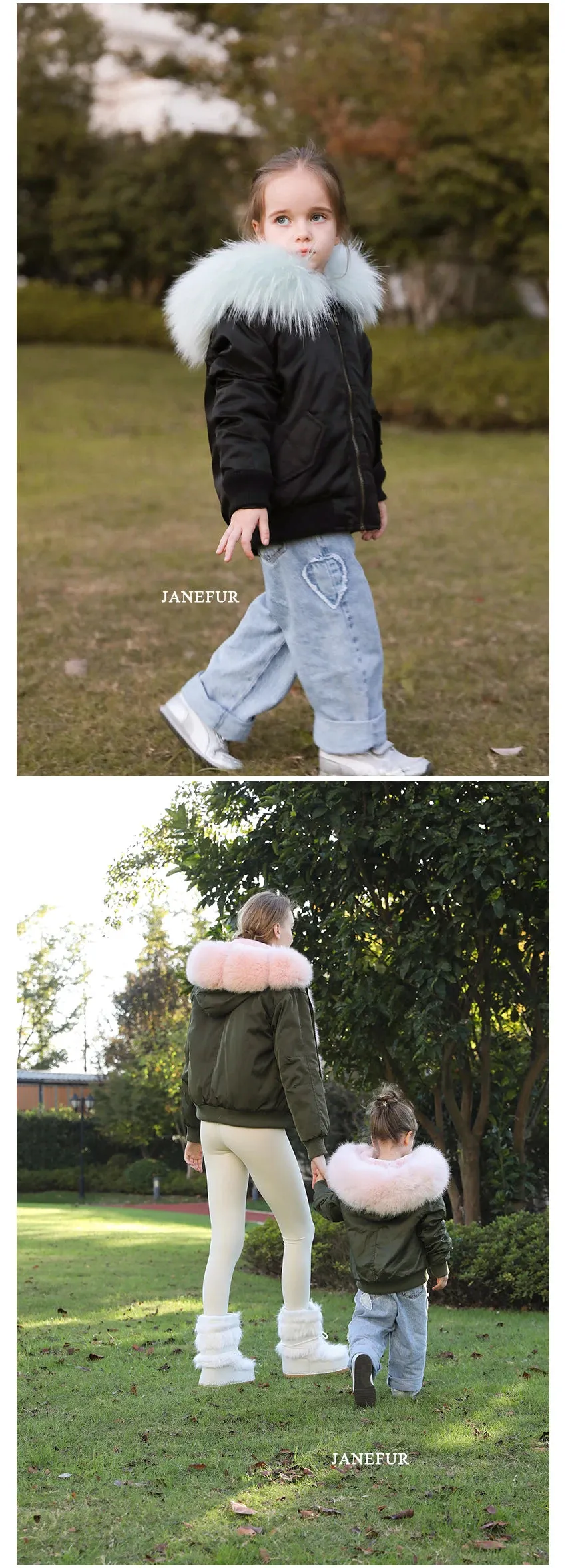 JANEFUR Fur Lined Parka Parent-Child Set Real Fox Fur Collar Bomber Jacket Women Girls Thick Warm Winter Coat