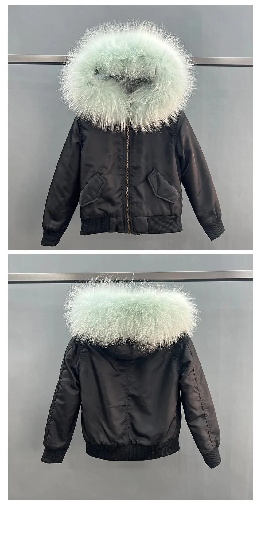 JANEFUR Fur Lined Parka Parent-Child Set Real Fox Fur Collar Bomber Jacket Women Girls Thick Warm Winter Coat