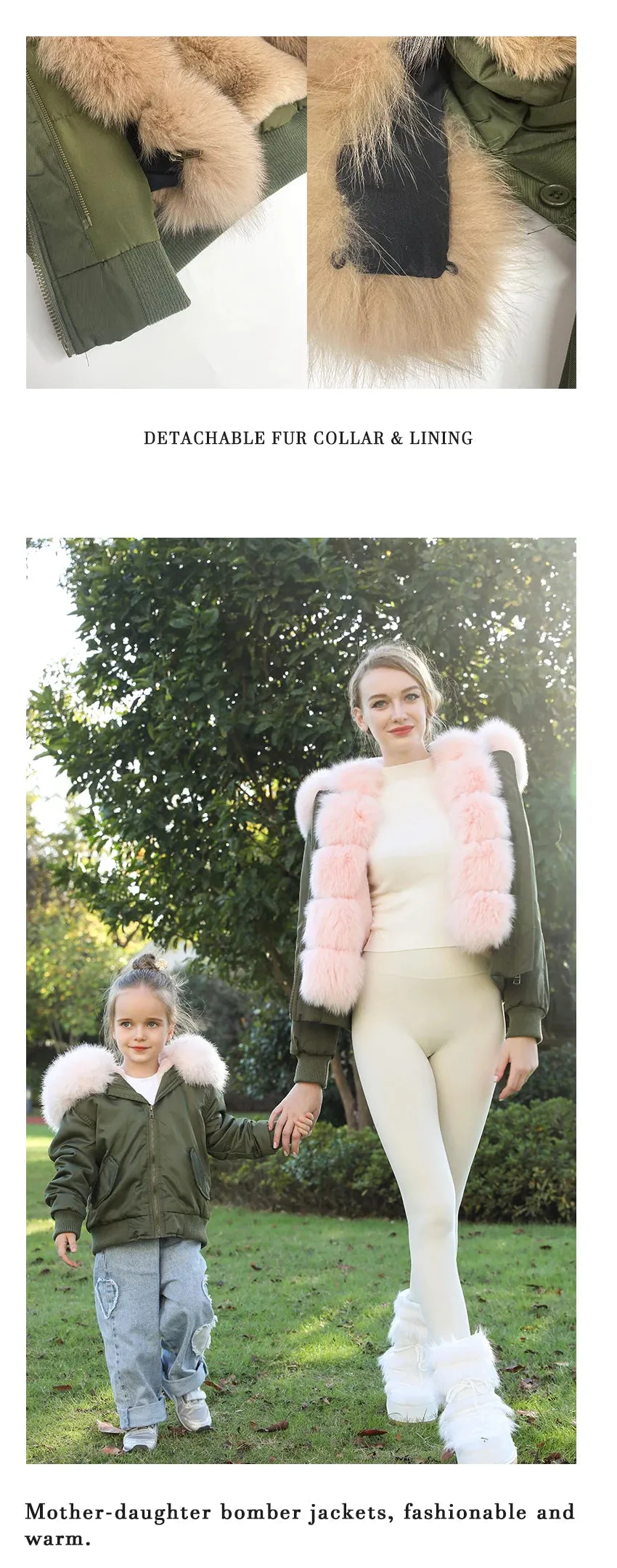 JANEFUR Fur Lined Parka Parent-Child Set Real Fox Fur Collar Bomber Jacket Women Girls Thick Warm Winter Coat