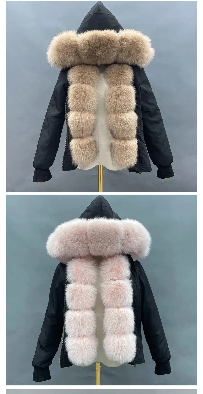 JANEFUR Fur Lined Parka Parent-Child Set Real Fox Fur Collar Bomber Jacket Women Girls Thick Warm Winter Coat