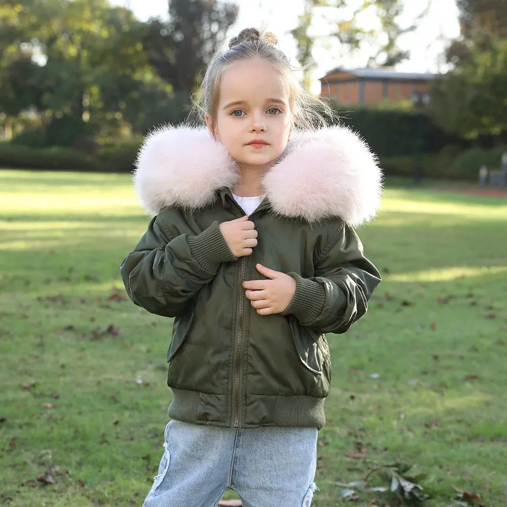 JANEFUR Fur Lined Parka Parent-Child Set Real Fox Fur Collar Bomber Jacket Women Girls Thick Warm Winter Coat