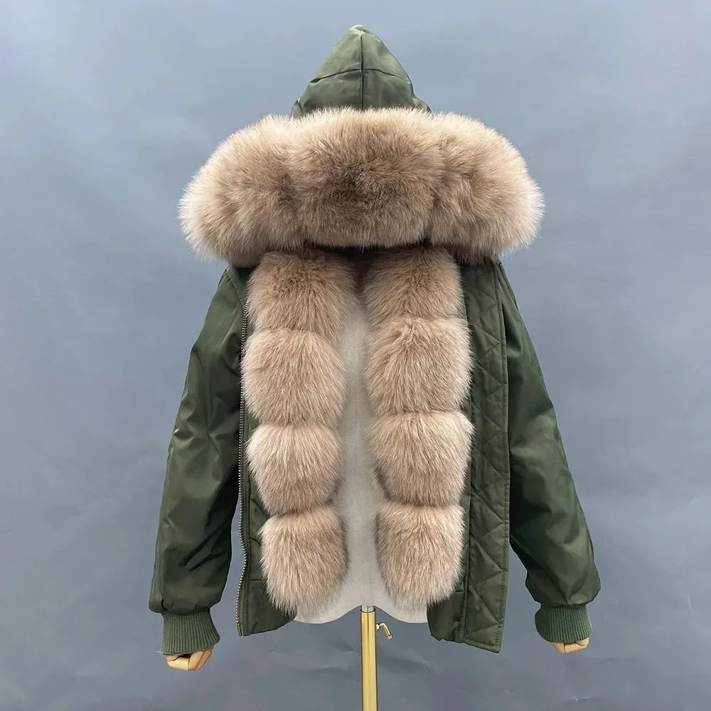 JANEFUR Fur Lined Parka Parent-Child Set Real Fox Fur Collar Bomber Jacket Women Girls Thick Warm Winter Coat