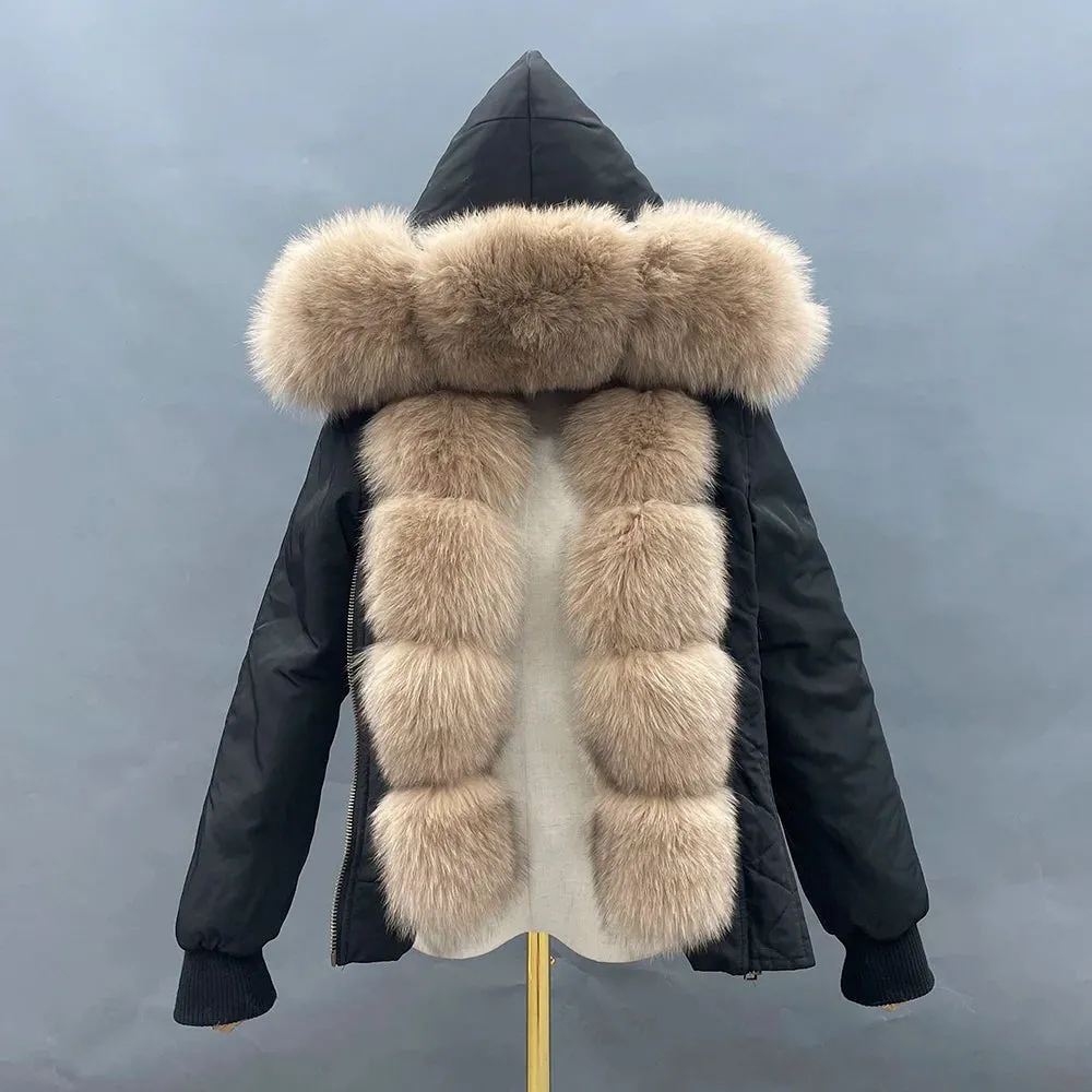 JANEFUR Fur Lined Parka Parent-Child Set Real Fox Fur Collar Bomber Jacket Women Girls Thick Warm Winter Coat