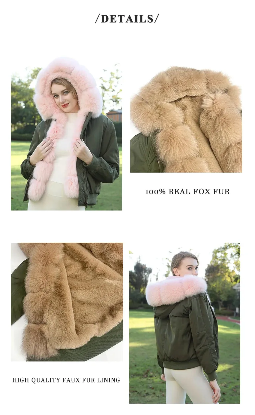 JANEFUR Fur Lined Parka Parent-Child Set Real Fox Fur Collar Bomber Jacket Women Girls Thick Warm Winter Coat