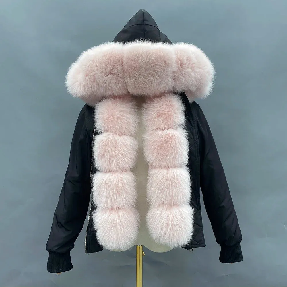 JANEFUR Fur Lined Parka Parent-Child Set Real Fox Fur Collar Bomber Jacket Women Girls Thick Warm Winter Coat