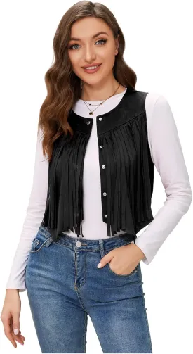 JASGOOD Women's Tassel Vest 70s Hippie Faux Suede Sleeveless Fringe Jacket Western Outfit for Women
