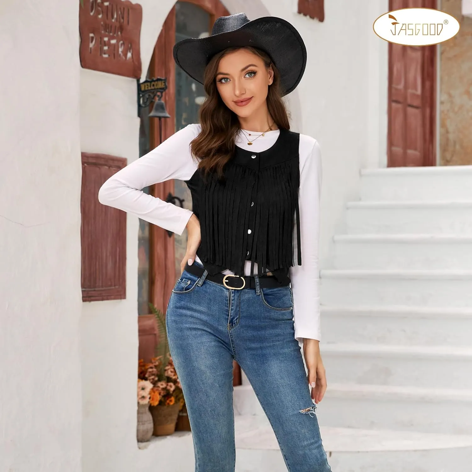 JASGOOD Women's Tassel Vest 70s Hippie Faux Suede Sleeveless Fringe Jacket Western Outfit for Women