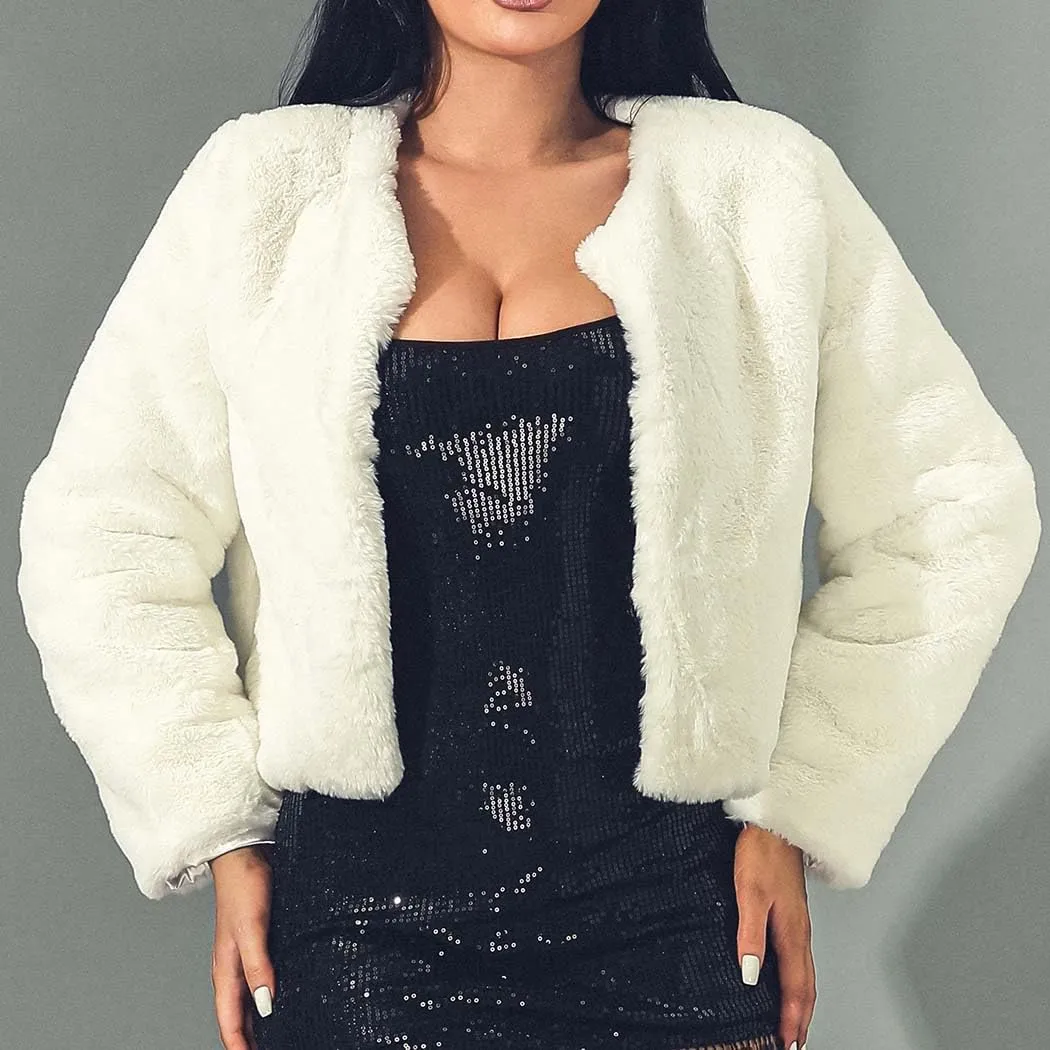 JEWEKY Faux Fur Coat Long Sleeve Shaggy Jacket Cropped Fluffy Coat Winter Warm Outwear Fur Jacket for Women