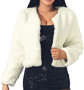 JEWEKY Faux Fur Coat Long Sleeve Shaggy Jacket Cropped Fluffy Coat Winter Warm Outwear Fur Jacket for Women