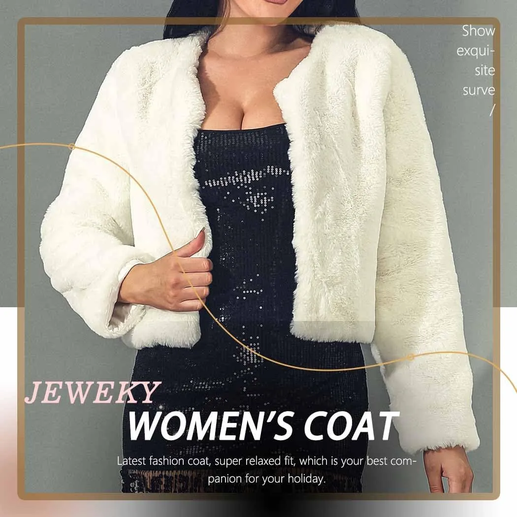 JEWEKY Faux Fur Coat Long Sleeve Shaggy Jacket Cropped Fluffy Coat Winter Warm Outwear Fur Jacket for Women