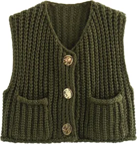 KEOMUD Women's Sleeveless Cropped Knit Cardigan 2025 Casual Button Down Crochet Sweater Vest Tops with Pockets