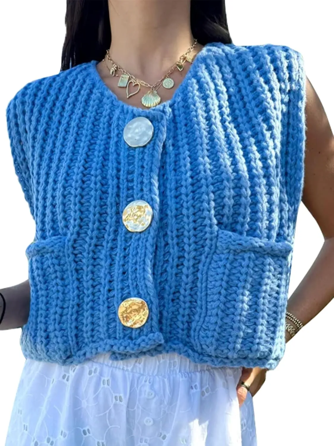 KEOMUD Women's Sleeveless Cropped Knit Cardigan 2025 Casual Button Down Crochet Sweater Vest Tops with Pockets