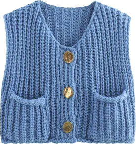 KEOMUD Women's Sleeveless Cropped Knit Cardigan 2025 Casual Button Down Crochet Sweater Vest Tops with Pockets