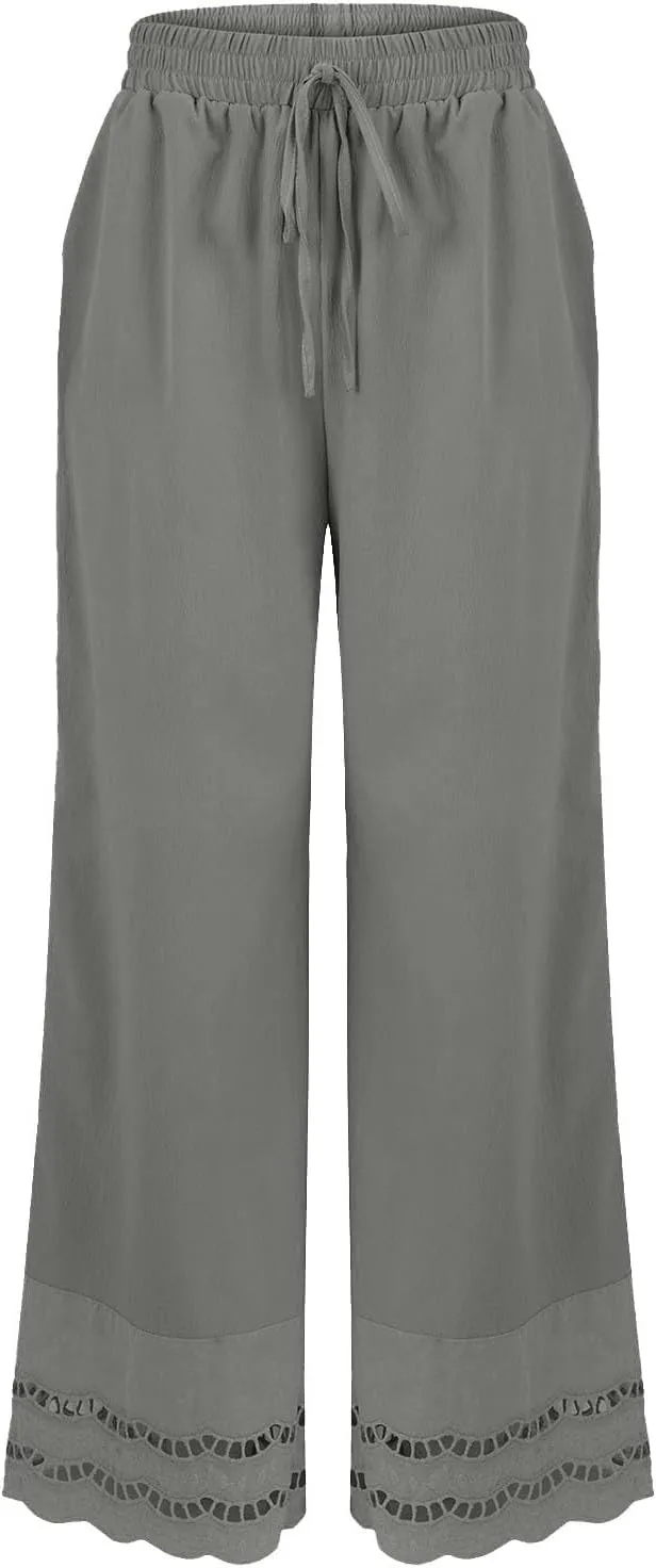 Linen Pants Women Wide Leg Cropped Lounge Trousers Drawstring Elastic Waist Summer Boho Palazzo Flowy Pant Outfits