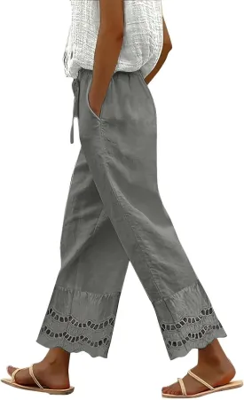 Linen Pants Women Wide Leg Cropped Lounge Trousers Drawstring Elastic Waist Summer Boho Palazzo Flowy Pant Outfits