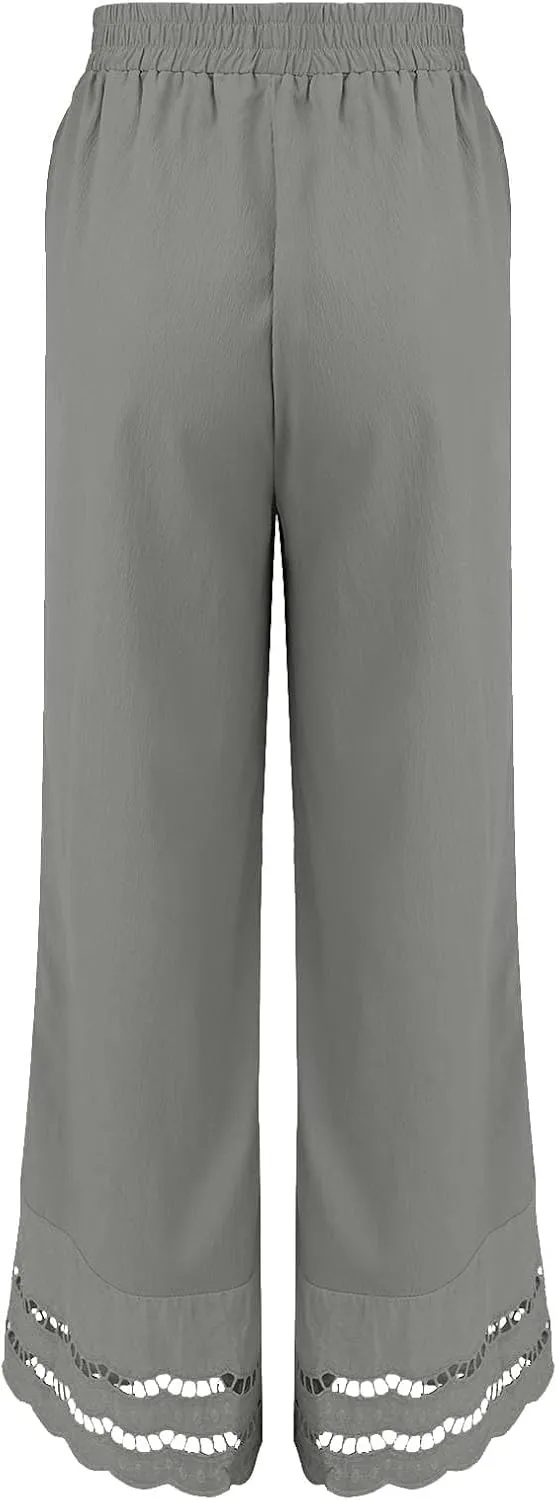 Linen Pants Women Wide Leg Cropped Lounge Trousers Drawstring Elastic Waist Summer Boho Palazzo Flowy Pant Outfits