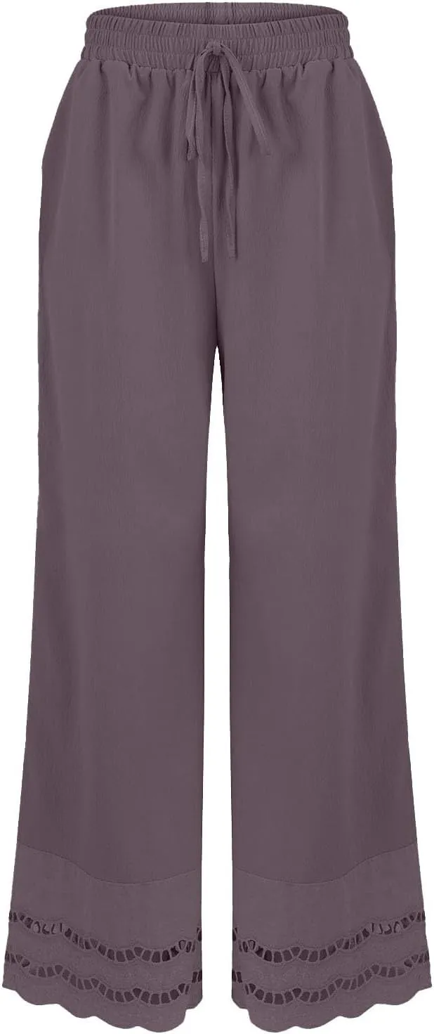 Linen Pants Women Wide Leg Cropped Lounge Trousers Drawstring Elastic Waist Summer Boho Palazzo Flowy Pant Outfits