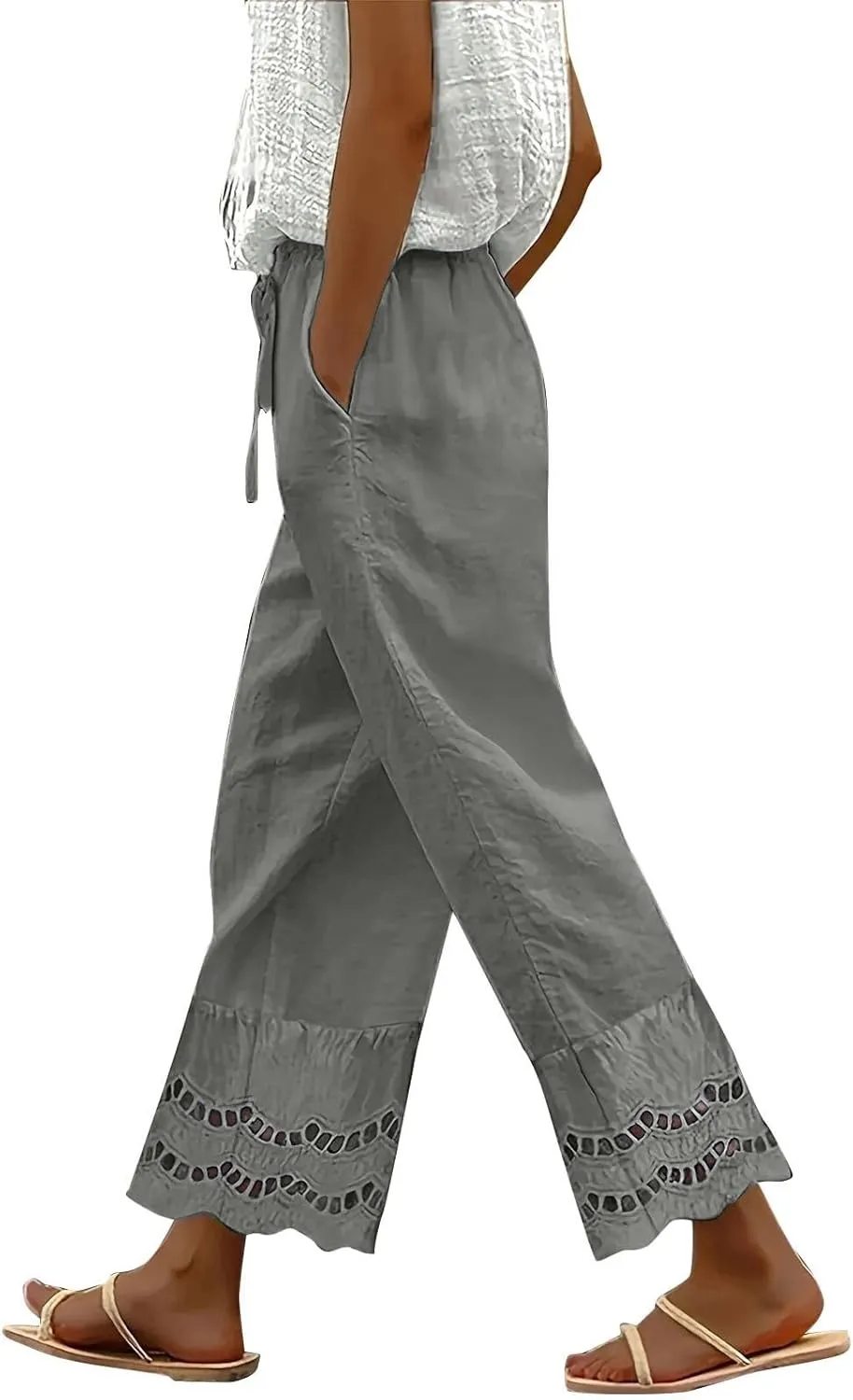 Linen Pants Women Wide Leg Cropped Lounge Trousers Drawstring Elastic Waist Summer Boho Palazzo Flowy Pant Outfits