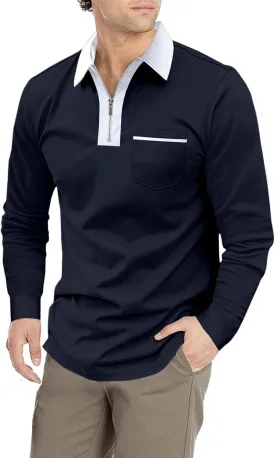 Men's Long Sleeve Polo Shirt Casual Zip Polo Shirt Classic Collared Golf Shirt with Pocket