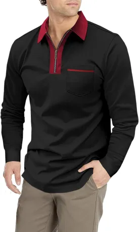 Men's Long Sleeve Polo Shirt Casual Zip Polo Shirt Classic Collared Golf Shirt with Pocket