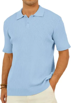Mens Textured Knit Polo Shirts V-Neck Short Sleeve Polo Shirt Stretchy Casual Golf Shirts Knitted Polo