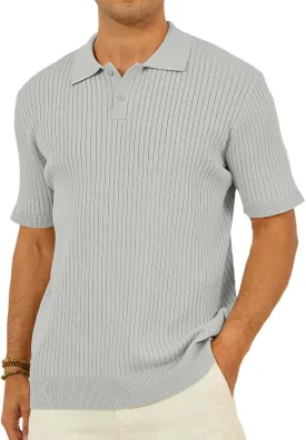 Mens Textured Knit Polo Shirts V-Neck Short Sleeve Polo Shirt Stretchy Casual Golf Shirts Knitted Polo