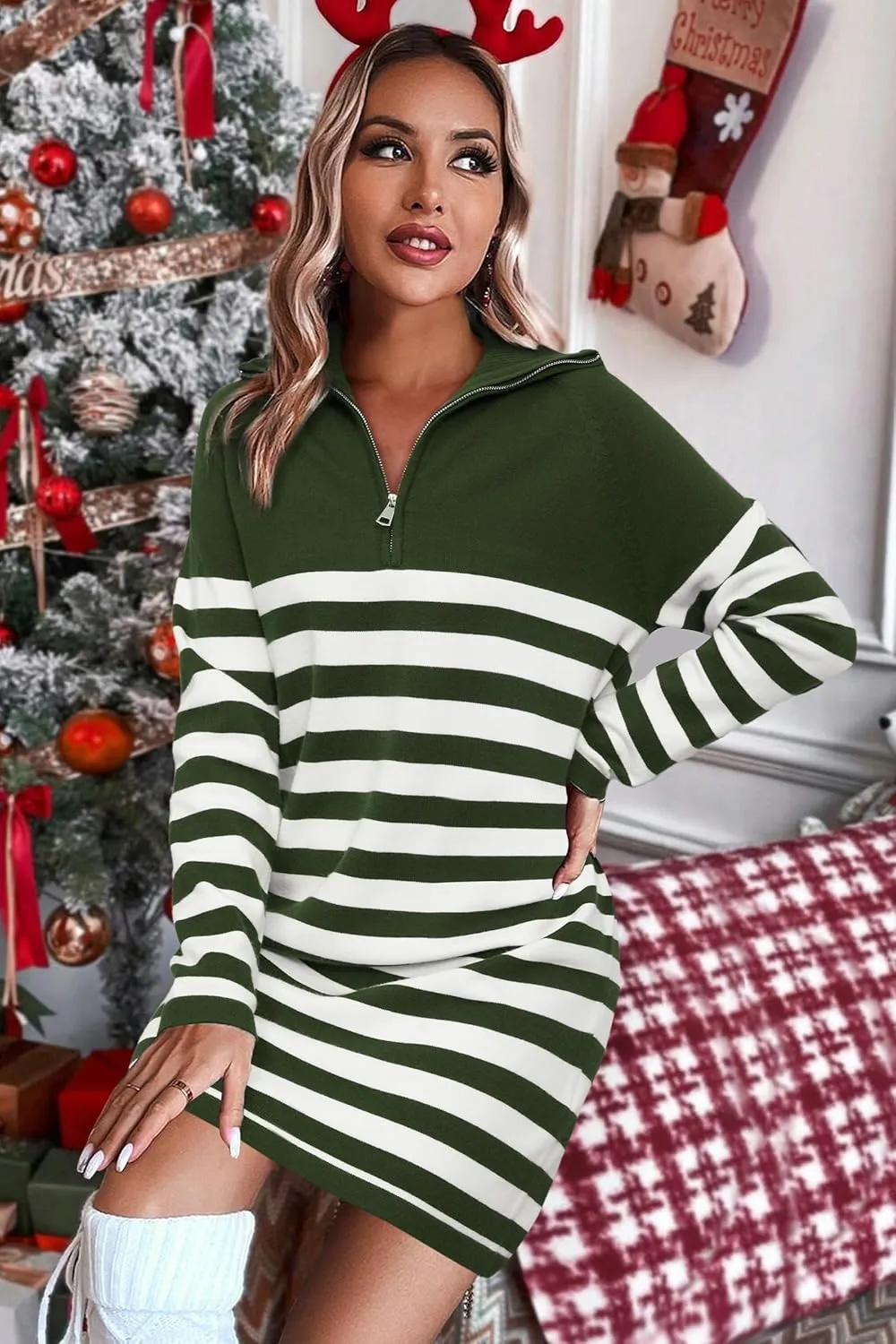 Newshows Women's Winter Sweater Dress 2024 Striped Long Sleeve Lapel Collar Chunky Knit Slouchy Oversized Sweaters