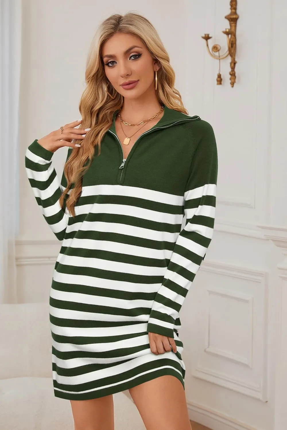 Newshows Women's Winter Sweater Dress 2024 Striped Long Sleeve Lapel Collar Chunky Knit Slouchy Oversized Sweaters
