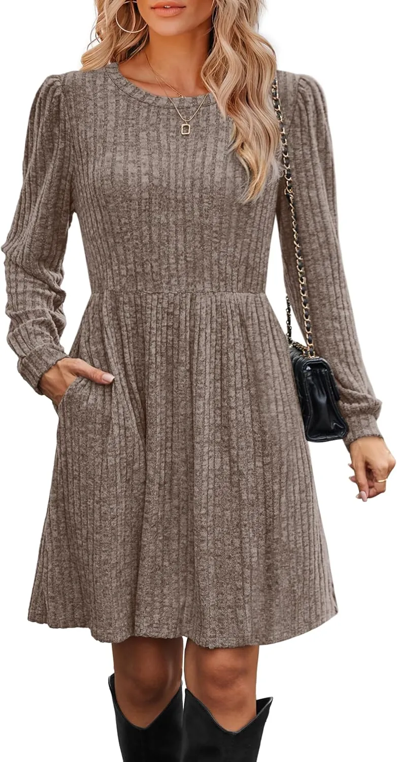 OFEEFAN Womens Fall Dresses Crew Neck Long Sleeve Winter Knit Sweater Dress 2024