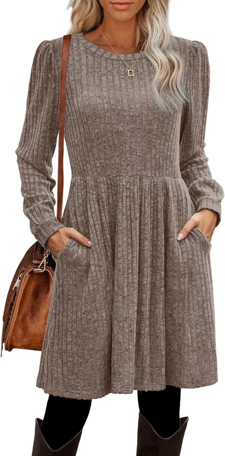OFEEFAN Womens Fall Dresses Crew Neck Long Sleeve Winter Knit Sweater Dress 2024
