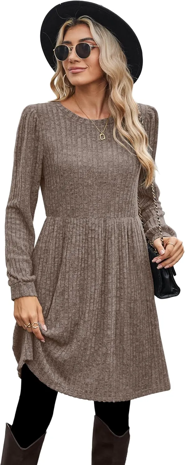 OFEEFAN Womens Fall Dresses Crew Neck Long Sleeve Winter Knit Sweater Dress 2024