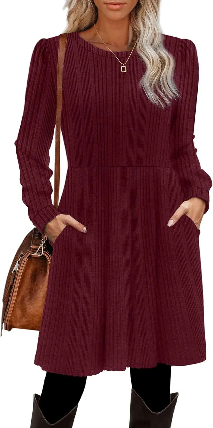 OFEEFAN Womens Fall Dresses Crew Neck Long Sleeve Winter Knit Sweater Dress 2024