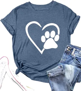 Paw Love Shirt Dog Lover Shirts for Women Paw Print Heart Tee Shirt Cute Dog Mom Short Sleeve Tee Tops