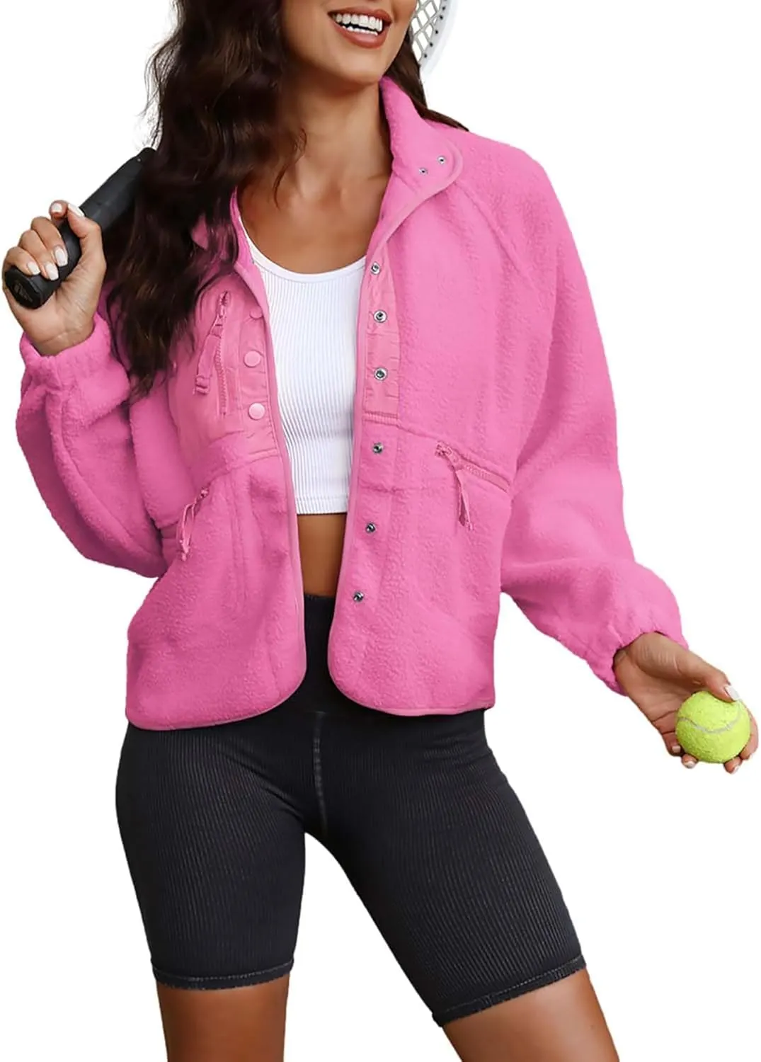 ReachMe Womens Sherpa Jacket Casual Lapel Button Down Cropped Fuzzy Fleece Jackets Long Sleeve Winter Coats with Pockets