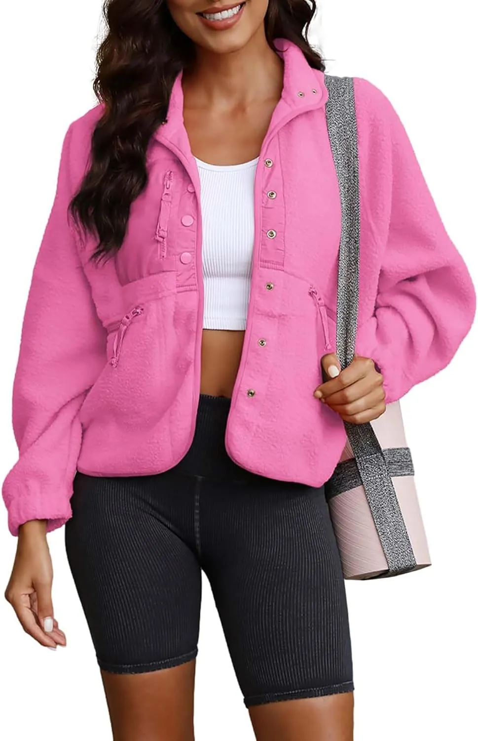 ReachMe Womens Sherpa Jacket Casual Lapel Button Down Cropped Fuzzy Fleece Jackets Long Sleeve Winter Coats with Pockets