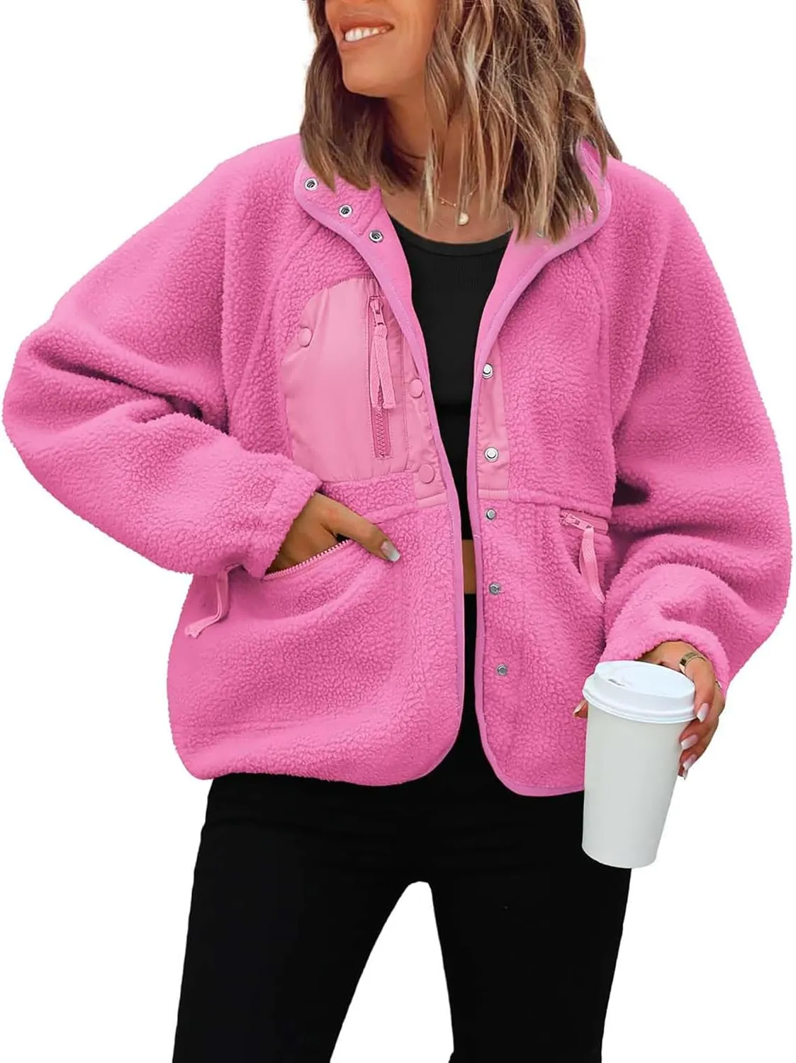 ReachMe Womens Sherpa Jacket Casual Lapel Button Down Cropped Fuzzy Fleece Jackets Long Sleeve Winter Coats with Pockets