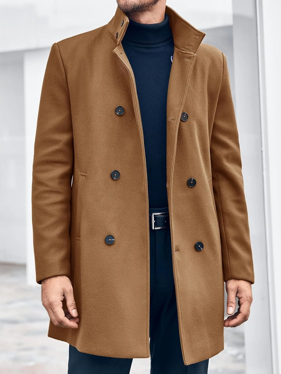 Runcati Mens Mid Long Trench Coat Winter Double Breasted Pea Coat Casual Business Warm Overcoat