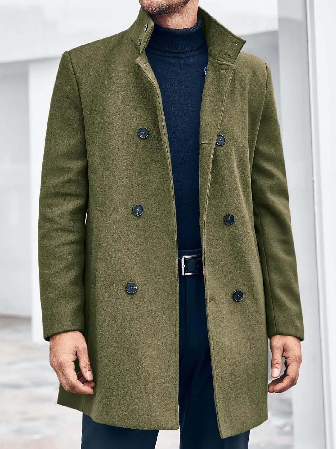 Runcati Mens Mid Long Trench Coat Winter Double Breasted Pea Coat Casual Business Warm Overcoat