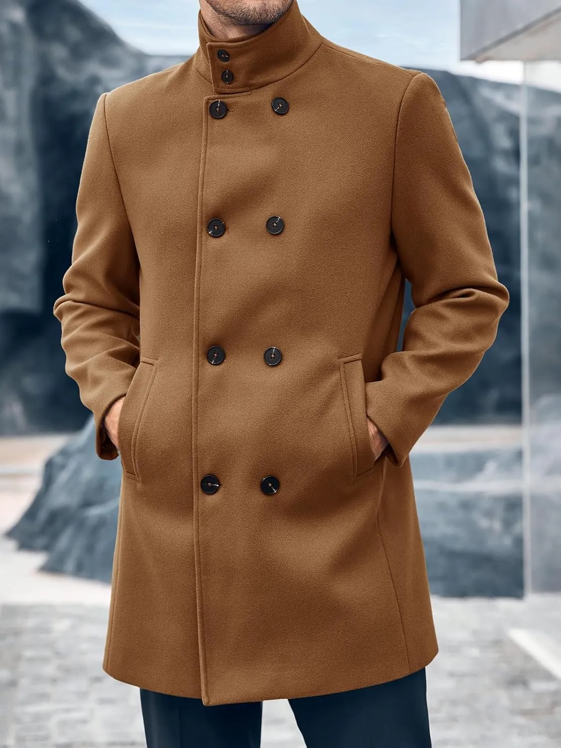 Runcati Mens Mid Long Trench Coat Winter Double Breasted Pea Coat Casual Business Warm Overcoat