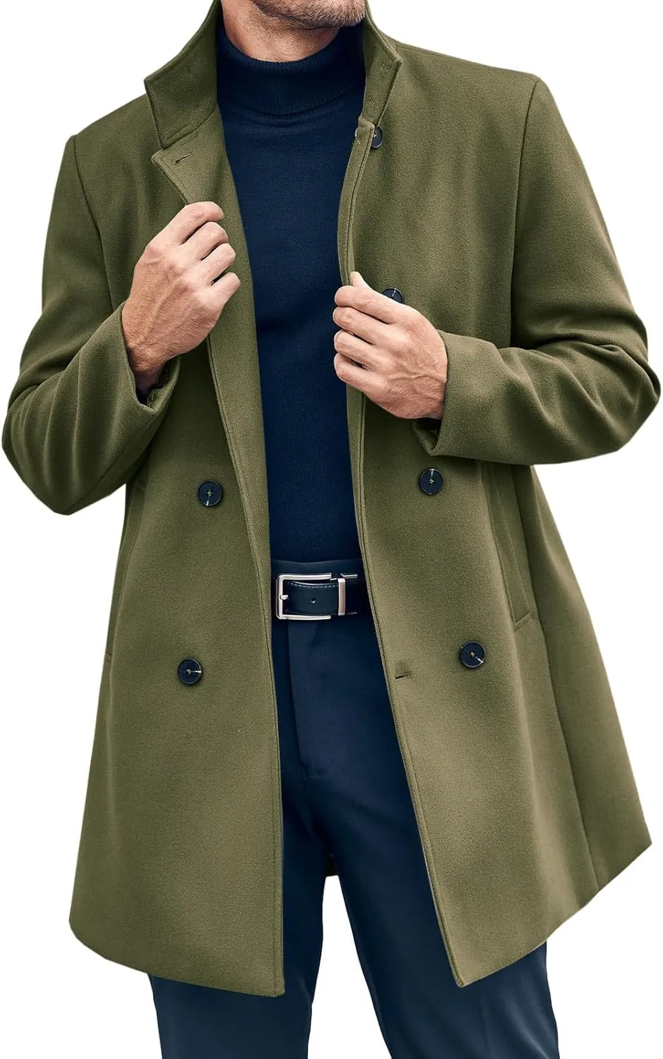 Runcati Mens Mid Long Trench Coat Winter Double Breasted Pea Coat Casual Business Warm Overcoat