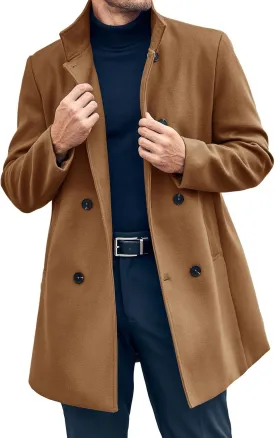 Runcati Mens Mid Long Trench Coat Winter Double Breasted Pea Coat Casual Business Warm Overcoat