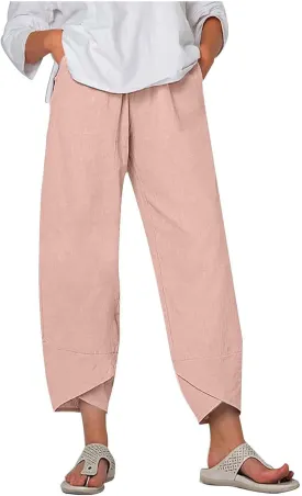 Ruziyoog Capri Pants for Women Casual Summer Cotton Linen Wide Leg Capris Elastic Waist Palazzo Cropped Comfy Baggy Trousers