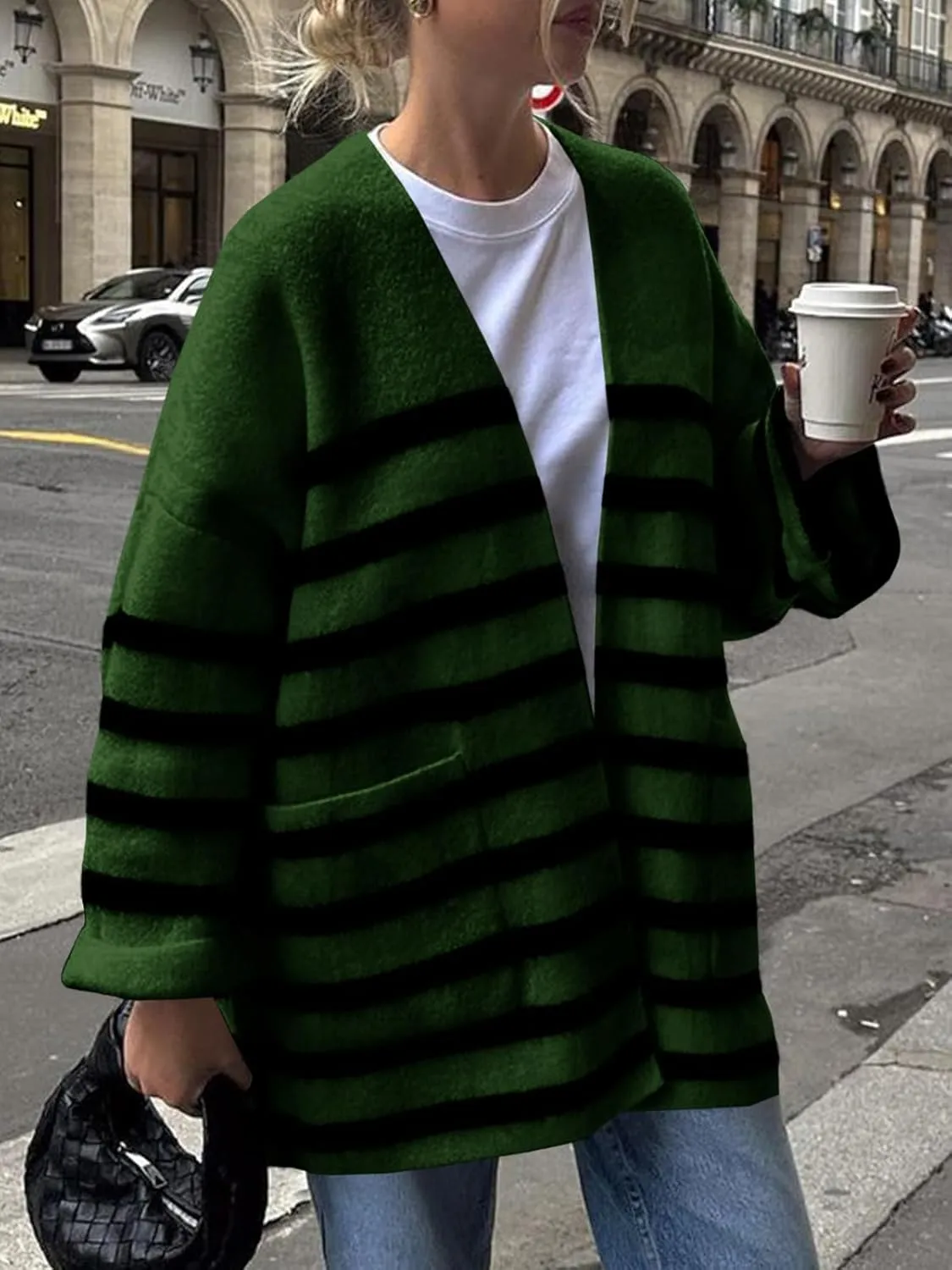 Saodimallsu Womens Oversized Striped Cardigans Open Front Chunky Knit Casual Loose Fit Long Sleeve Sweater Coats