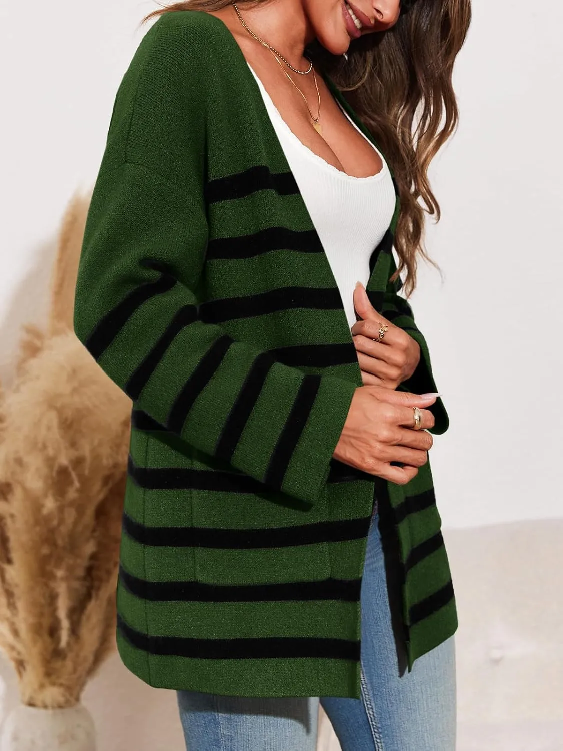Saodimallsu Womens Oversized Striped Cardigans Open Front Chunky Knit Casual Loose Fit Long Sleeve Sweater Coats